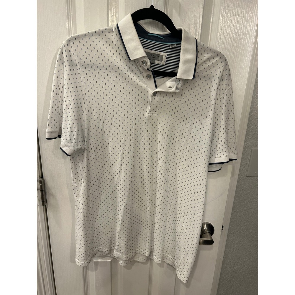 Ted Baker Polo Shirt White Blue Micro Print Short Sleeve MMB TOFF TH9M Mens 5 XL